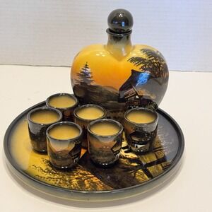 VINTAGE SAKI SET GERMAN SCHRAMBERG MAJOLIKA RUSTIC HOUSE MOUNTAIN SCENE